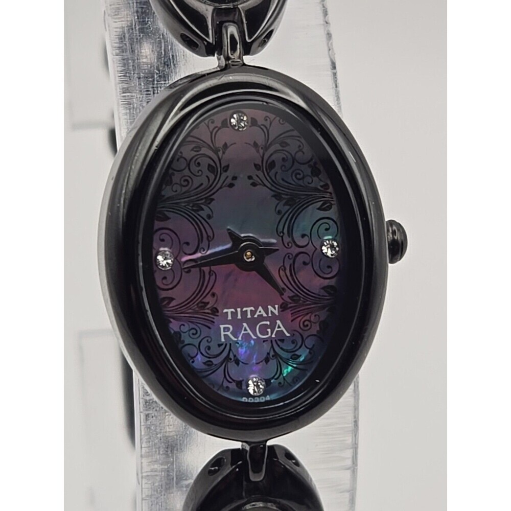 Titan Raga 2511NAB Womens MOP Dial Black Oval Bracelet Watch New Battery Dainty